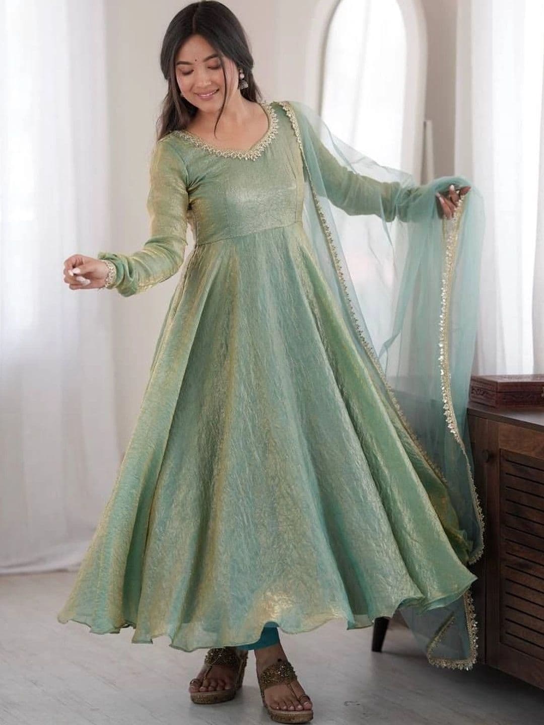 SAJAVAT ETHENIC WEAR Women Empire Gotta Patti Pure Silk Kurta with Trousers & With Dupatta thumbnail 6
