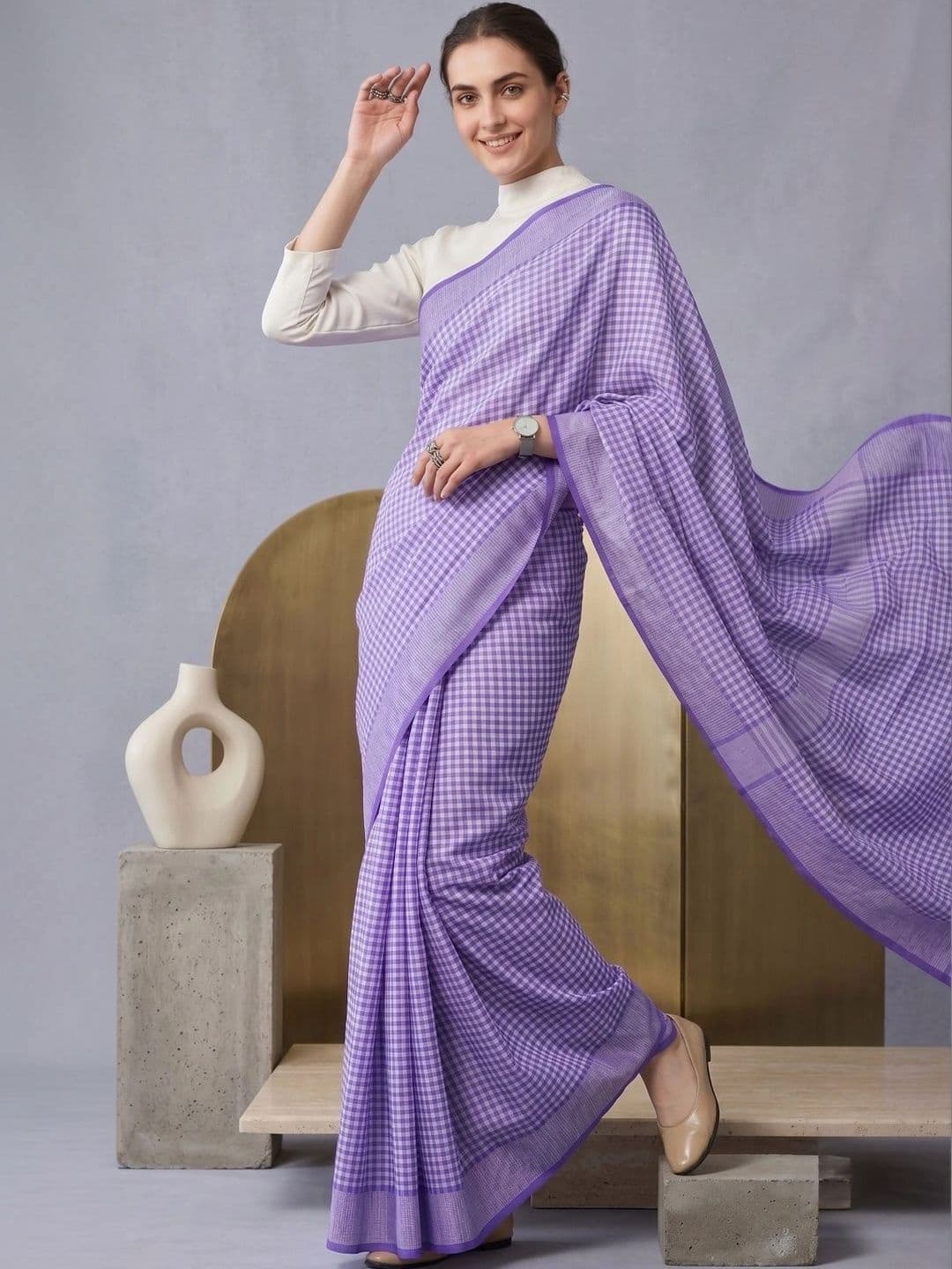 BORAD FASHION Checked Designer Chanderi Saree thumbnail 2