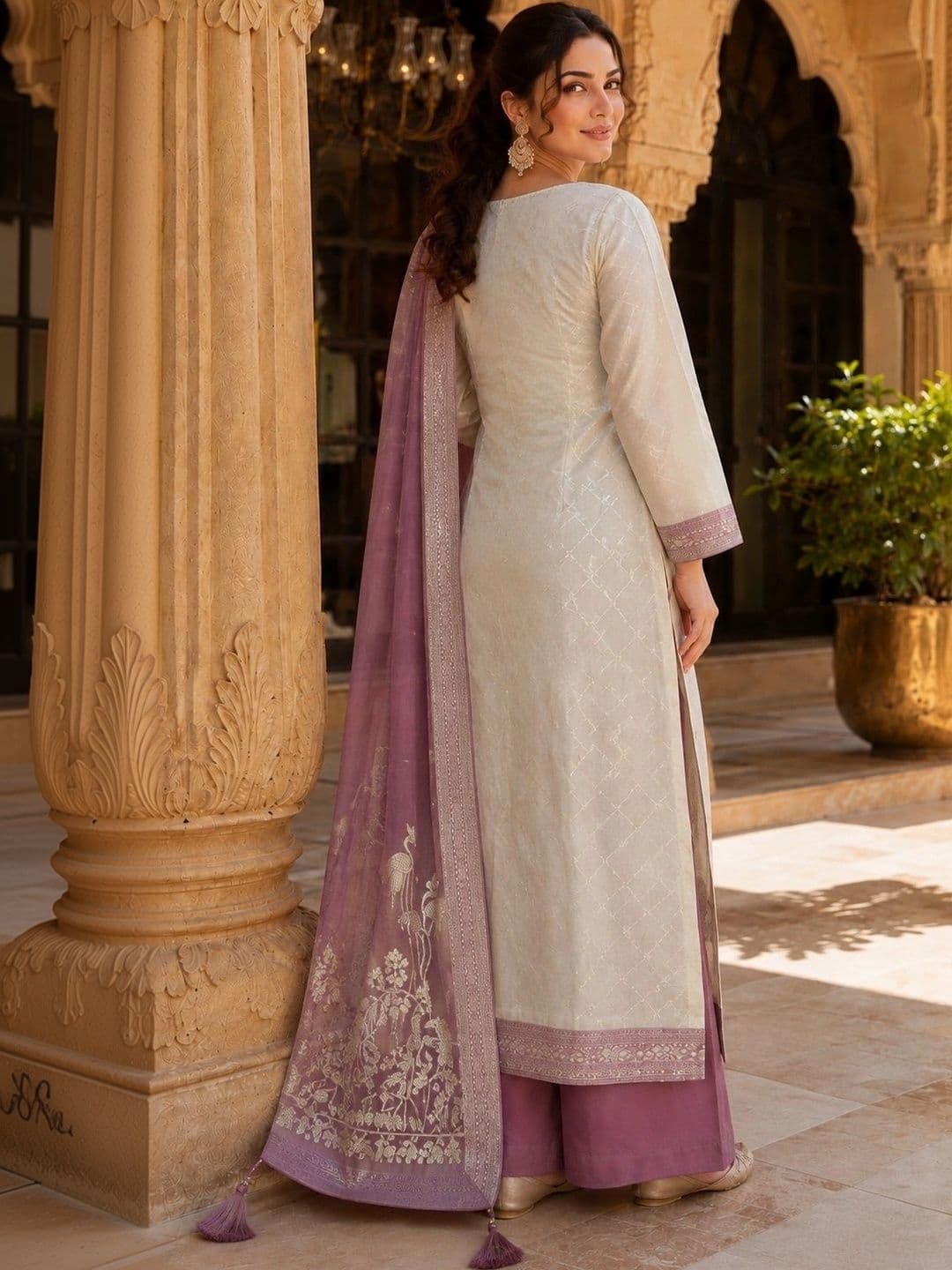 JEEREVA Women Ethnic Motifs Embroidered Regular Thread Work Pure Silk Kurta with Trousers & With Dupatta thumbnail 3