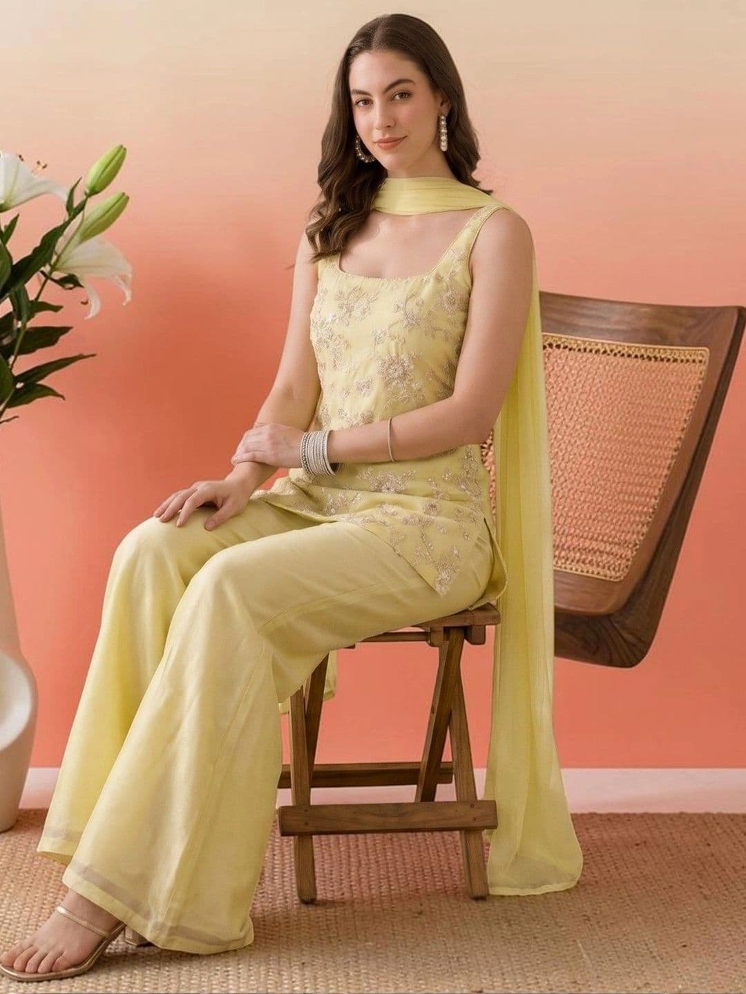 all about you Women Ethnic Motifs Embroidered Regular Thread Work Kurta with Palazzos & With Dupatta thumbnail 7