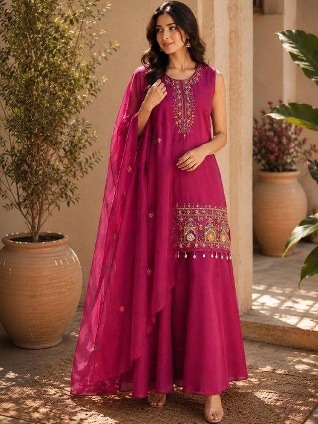Twin girls clothing Women Ethnic Motifs Embroidered Regular Sequinned Kurta with Palazzos & With Dupatta thumbnail 4