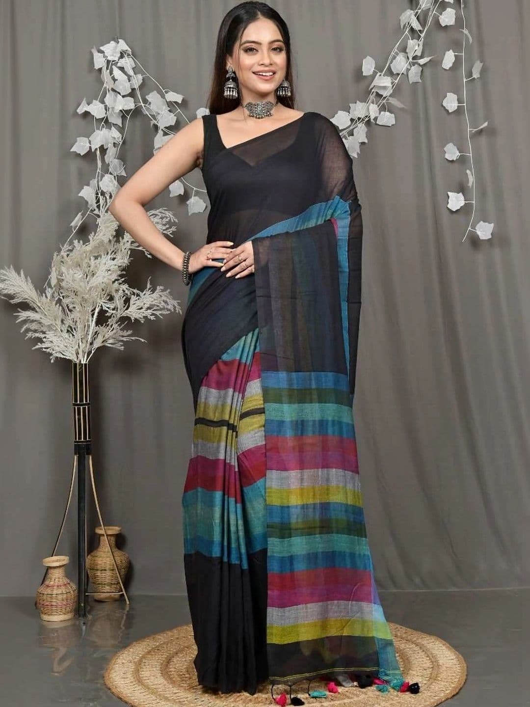 RoyBoni Striped Pure Cotton Taant Saree - view 1