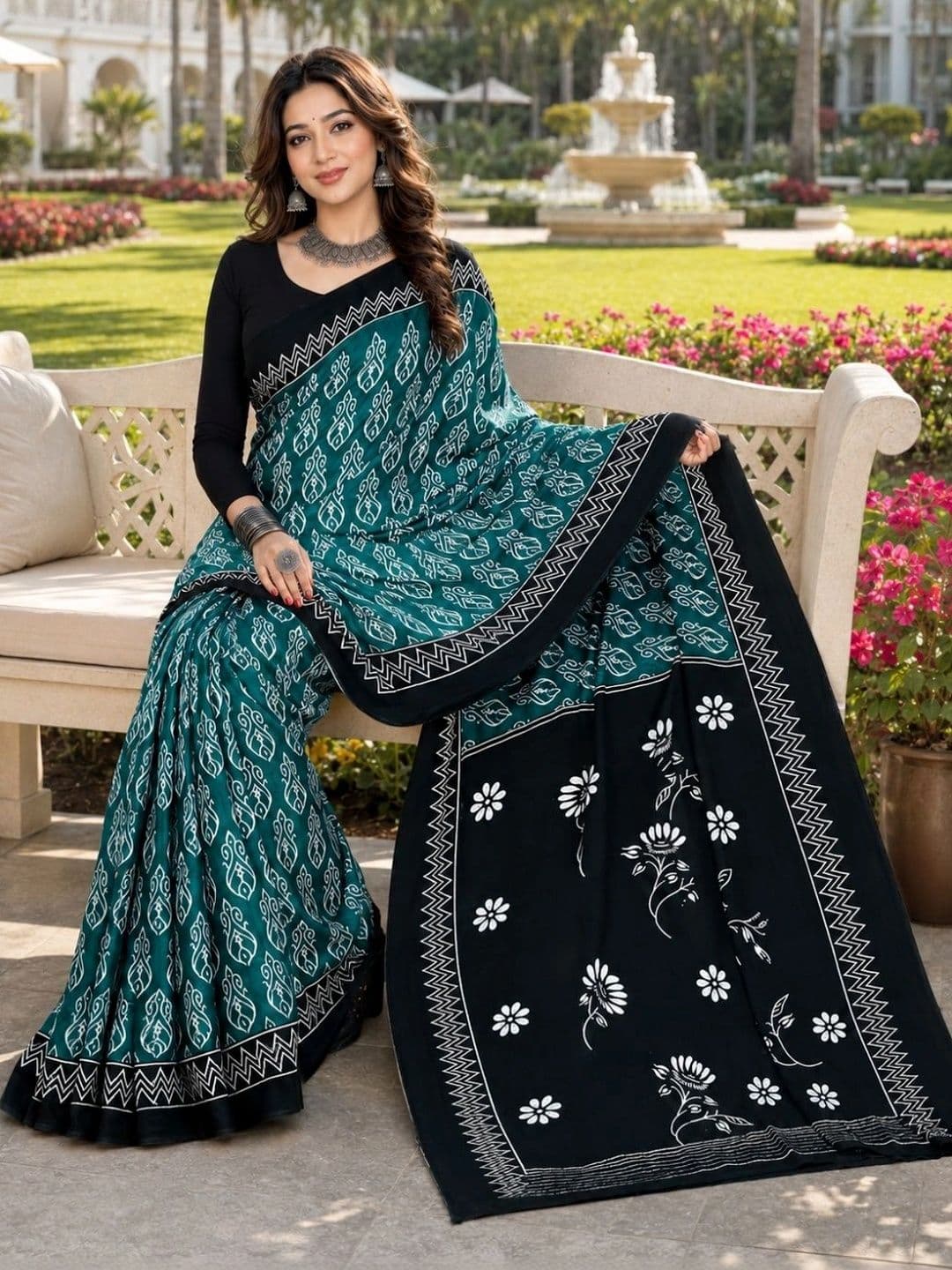 Karishma Floral Pure Cotton Block Print Saree thumbnail 2