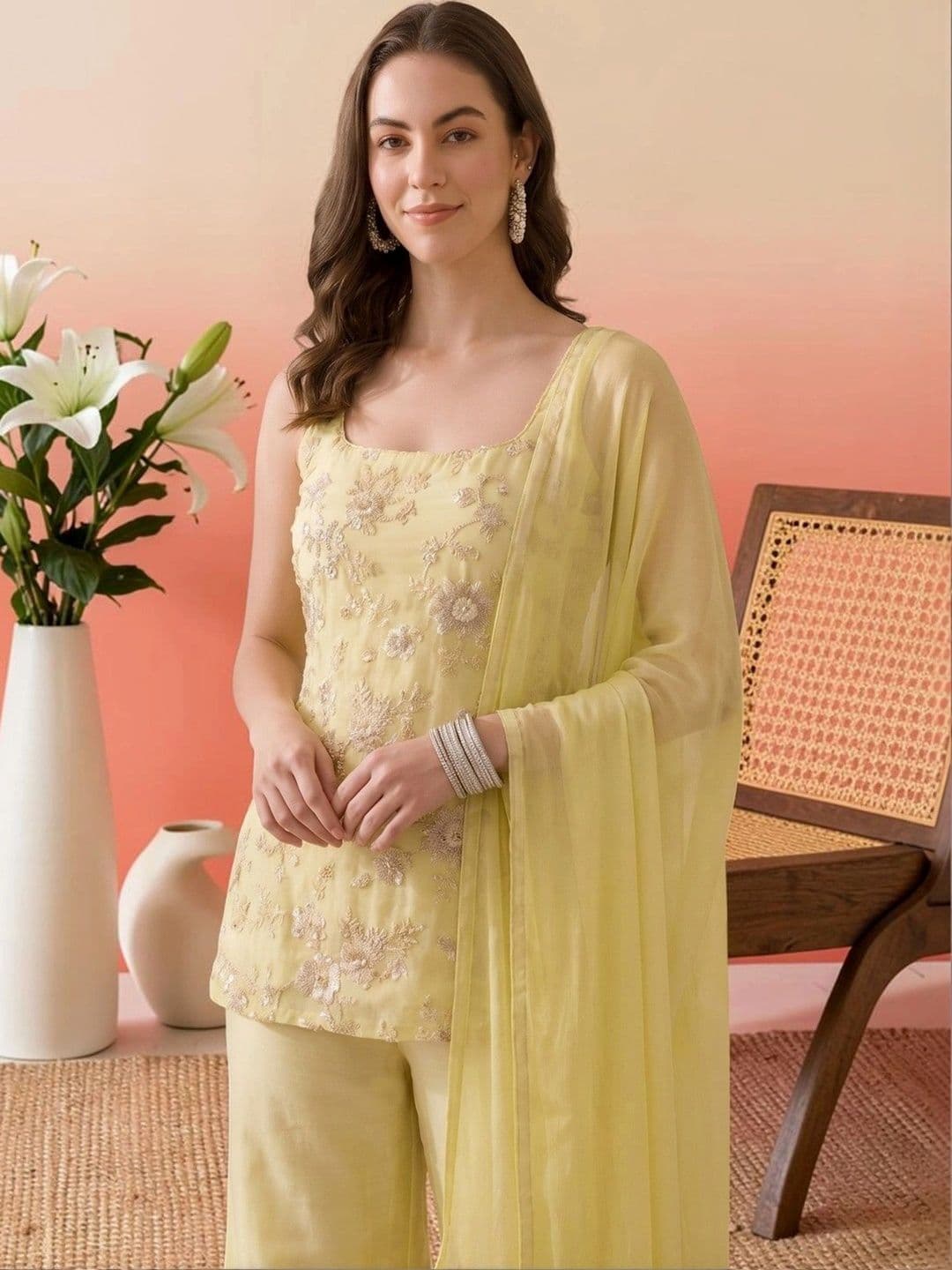 all about you Women Ethnic Motifs Embroidered Regular Thread Work Kurta with Palazzos & With Dupatta thumbnail 6
