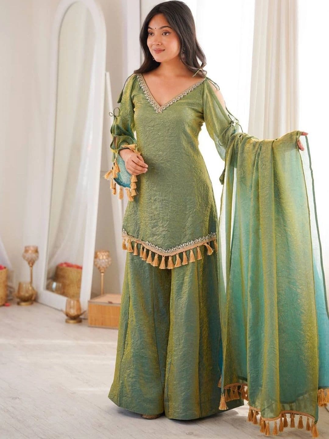 SAJAVAT ETHENIC WEAR Women Regular Gotta Patti Pure Silk Kurta with Sharara & With Dupatta thumbnail 4