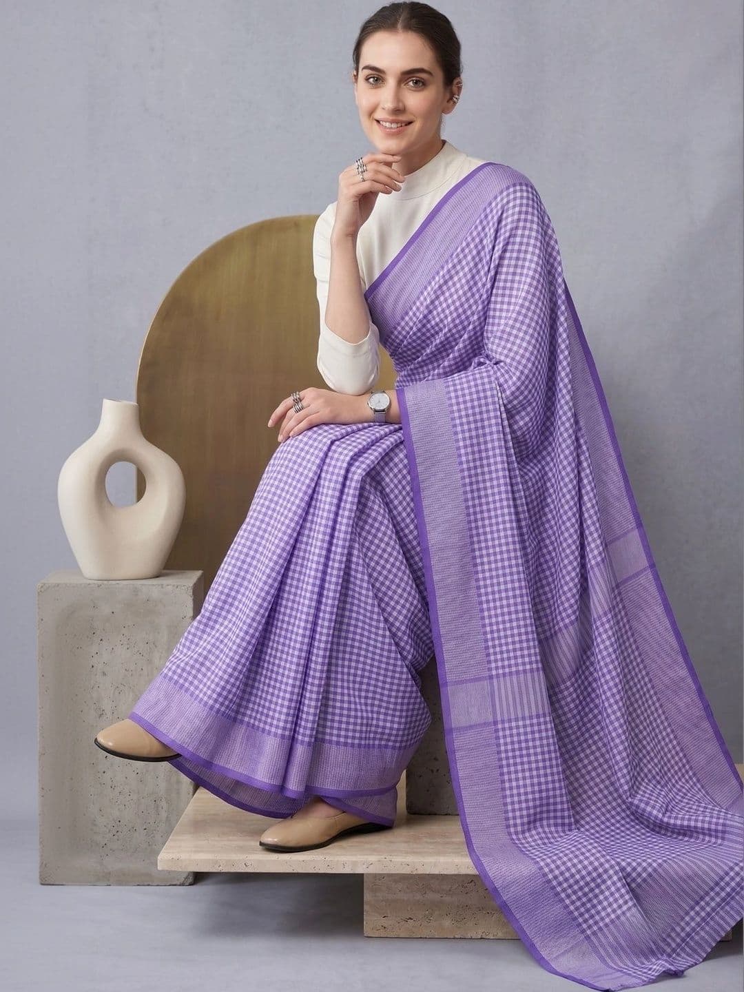 BORAD FASHION Checked Designer Chanderi Saree thumbnail 4