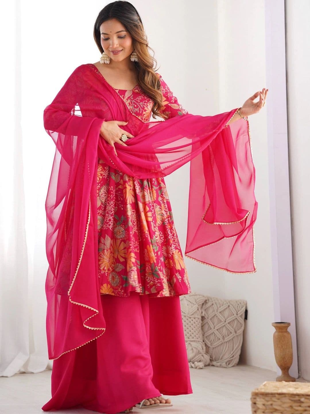 SAJAVAT ETHENIC WEAR Women Floral Printed Regular Chanderi Silk Kurta with Palazzos & With Dupatta thumbnail 3