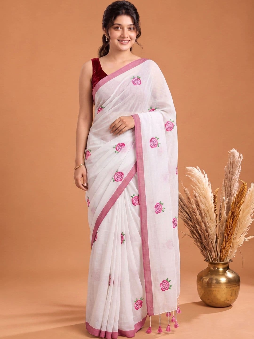 Aparna Floral Embroidered Pure Cotton Saree - view 1