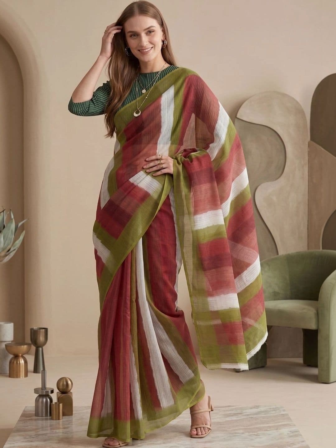 BORAD FASHION Striped Designer Chanderi Saree thumbnail 2