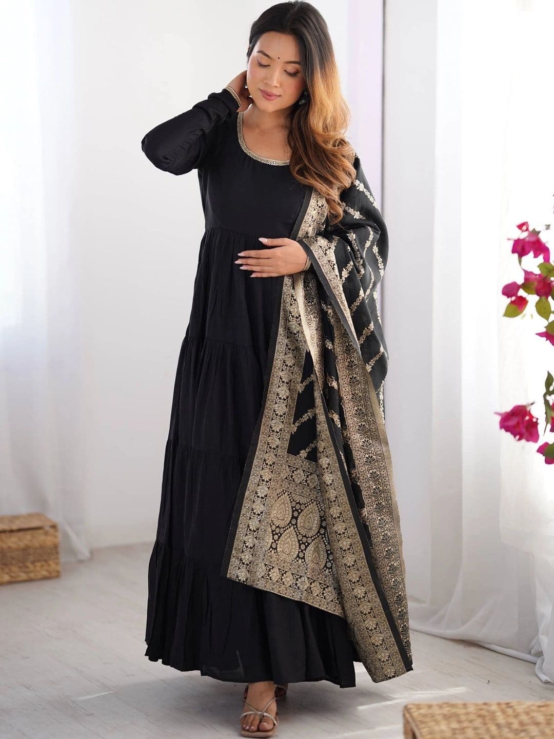 SAJAVAT ETHENIC WEAR Women Ethnic Motifs Tiered Chanderi Silk Kurta with Trousers & With Dupatta - view 1