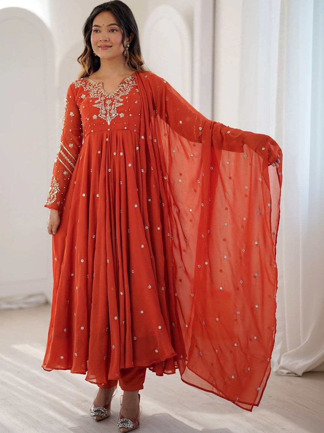 SAJAVAT ETHENIC WEAR Women Embroidered Empire Sequinned Silk Georgette Kurta with Pyjamas & With Dupatta thumbnail 2
