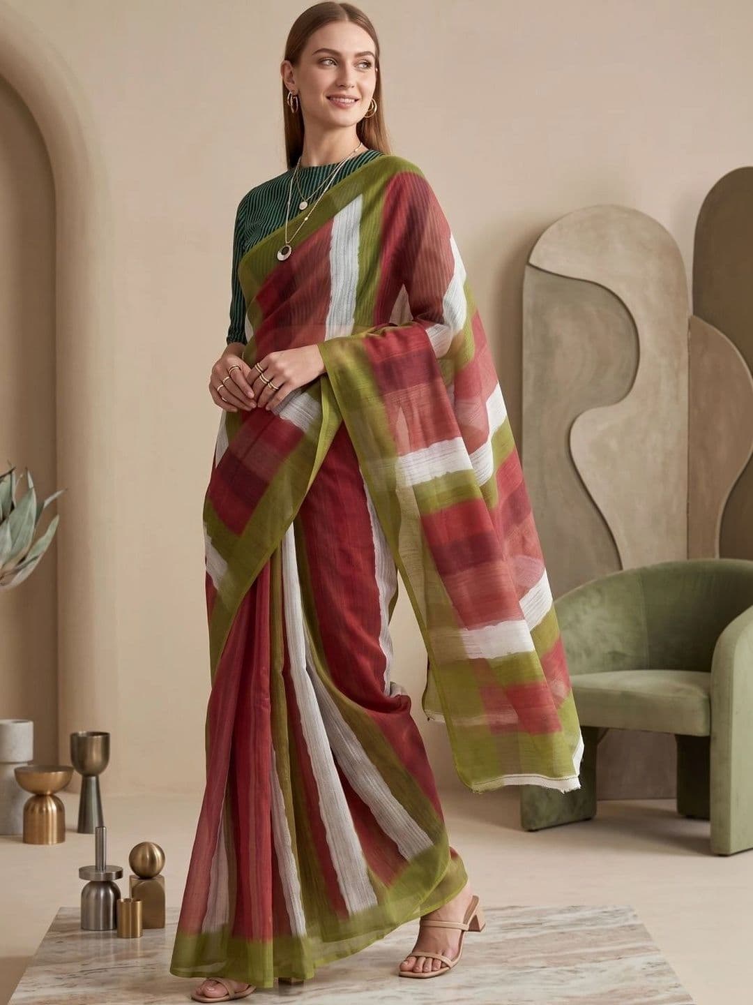 BORAD FASHION Striped Designer Chanderi Saree thumbnail 4