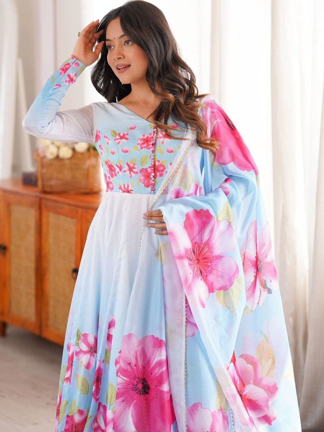 SAJAVAT ETHENIC WEAR Women Floral Printed Empire Kurta with Trousers & With Dupatta thumbnail 4