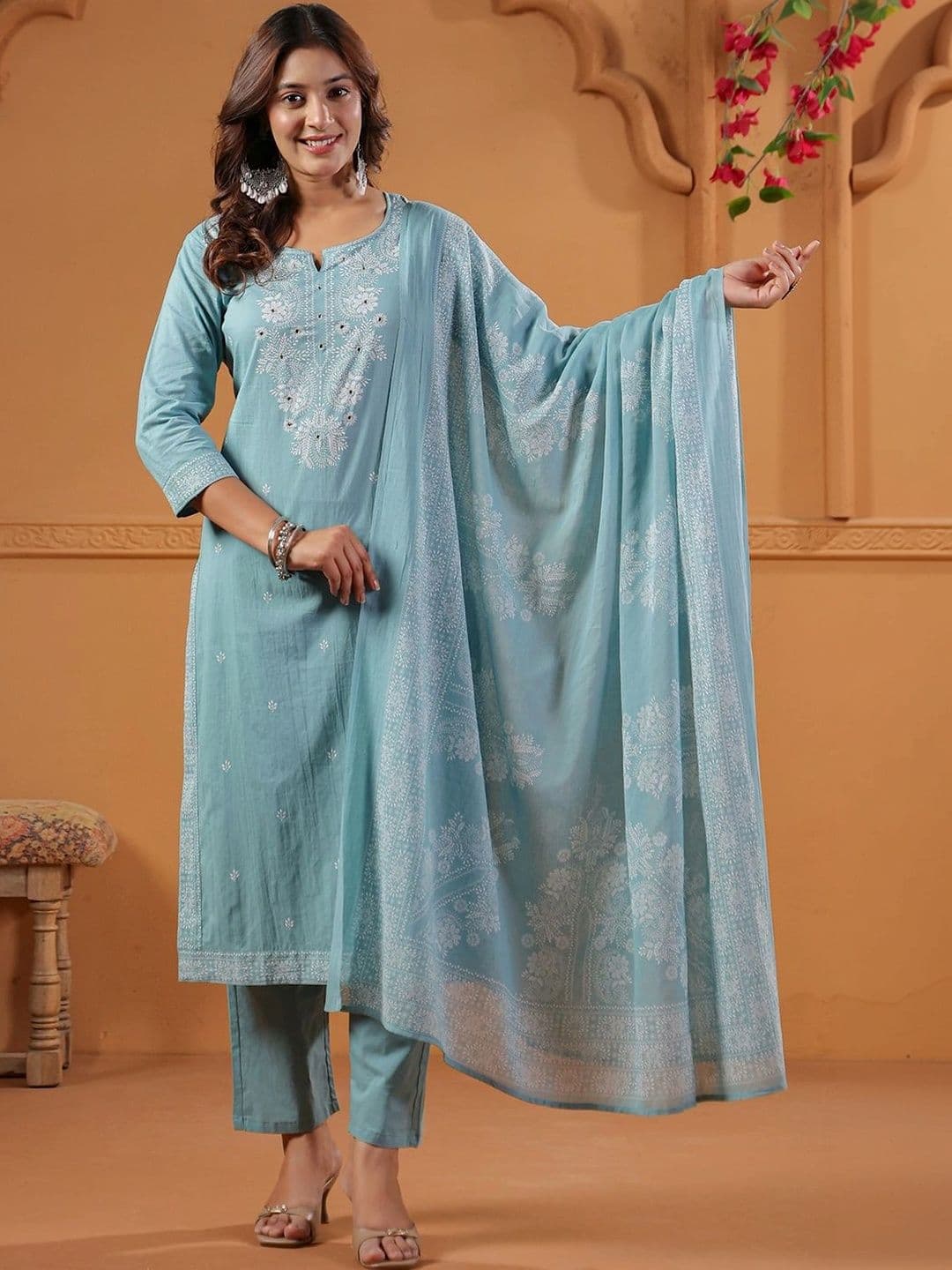 Misaina Women Ethnic Motifs Embroidered Regular PureKurta with Trousers & With Dupatta - view 1