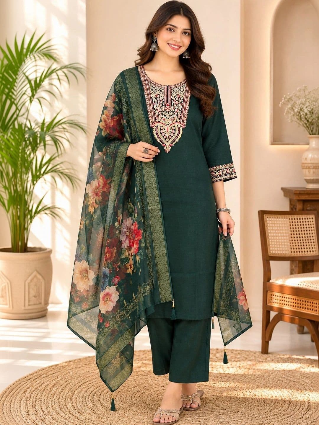 VASTRAHOUSE Women  Regular Thread Work Chanderi Cotton  Kurta & Trousers With Dupatta - view 1