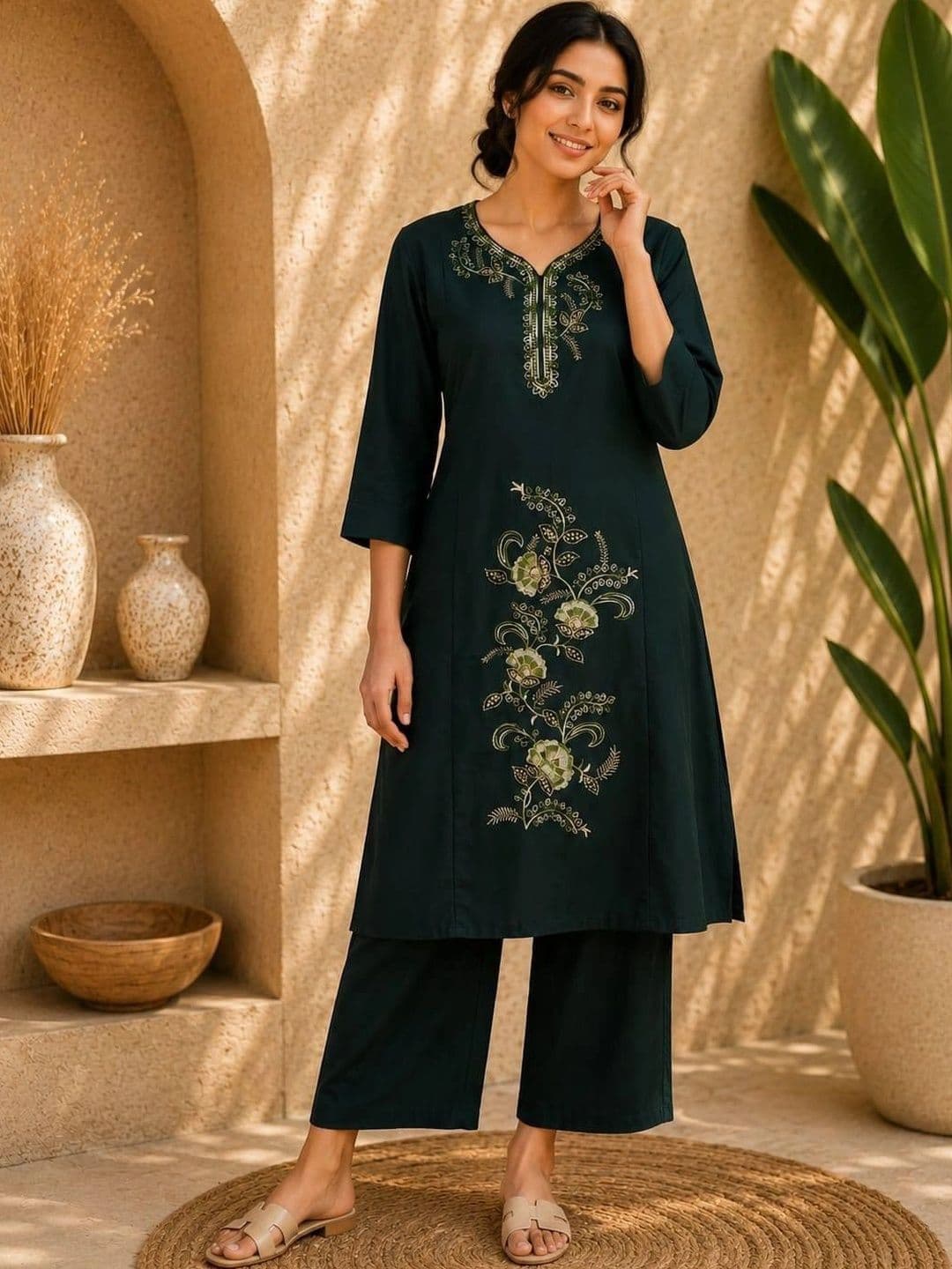 VASTRAHOUSE Women Ethnic Motifs Embroidered Regular Thread Work Kurta with Palazzos - view 1