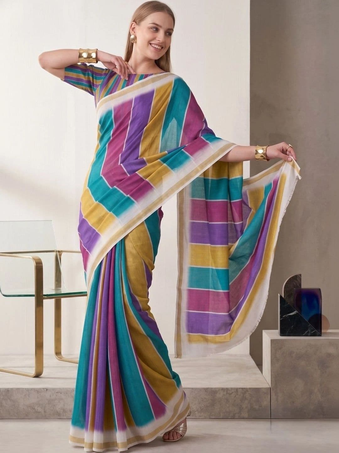 BORAD FASHION Striped Designer Chanderi Saree - view 1