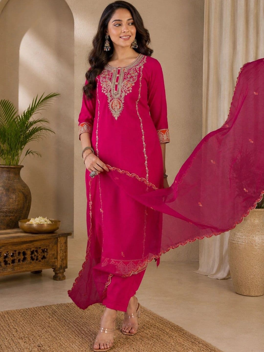 all about you Women Ethnic Motifs Embroidered Regular Thread Work Kurta with Trousers & With Dupatta thumbnail 2