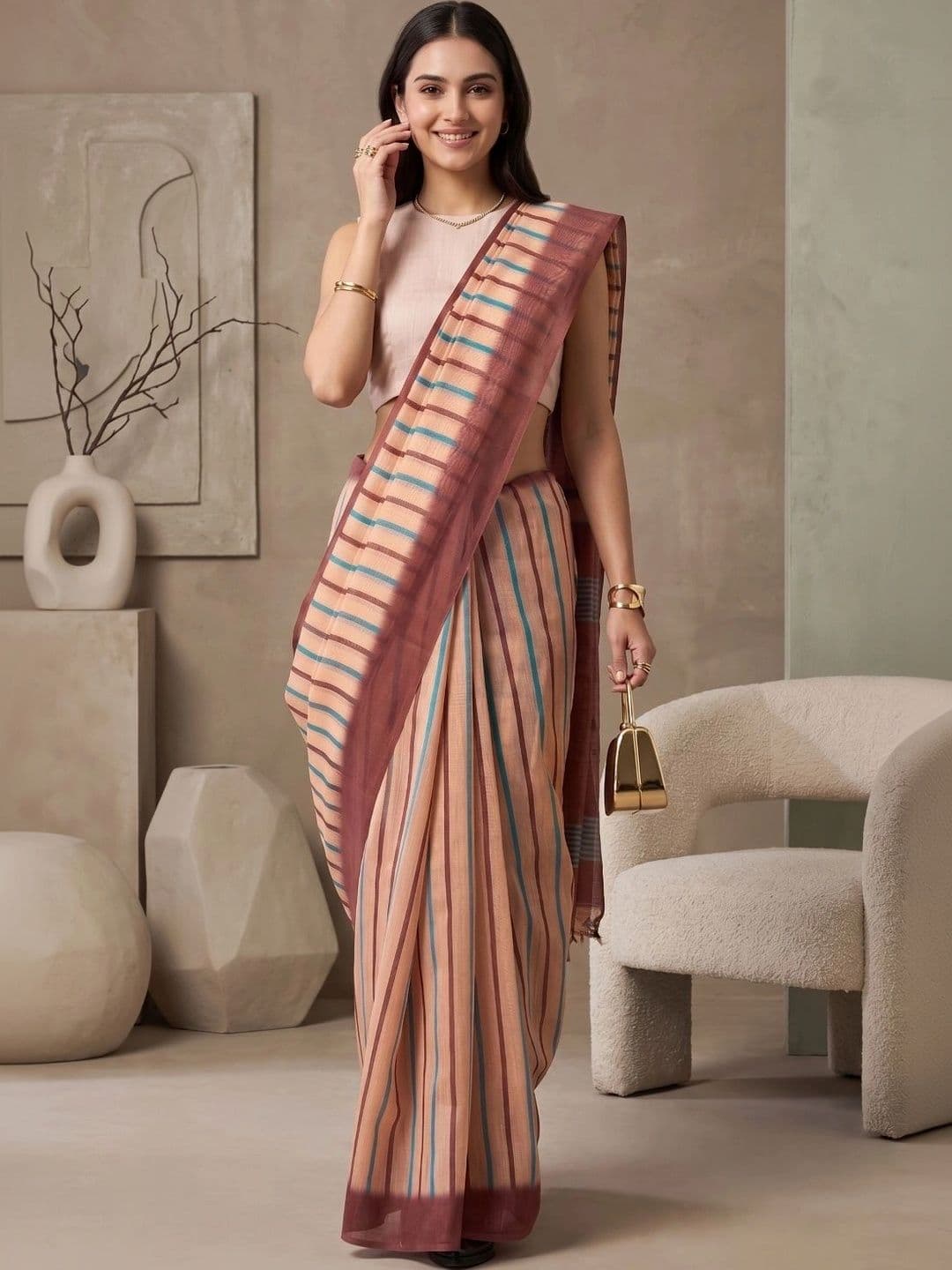 BORAD FASHION Striped Designer Chanderi Saree - view 1