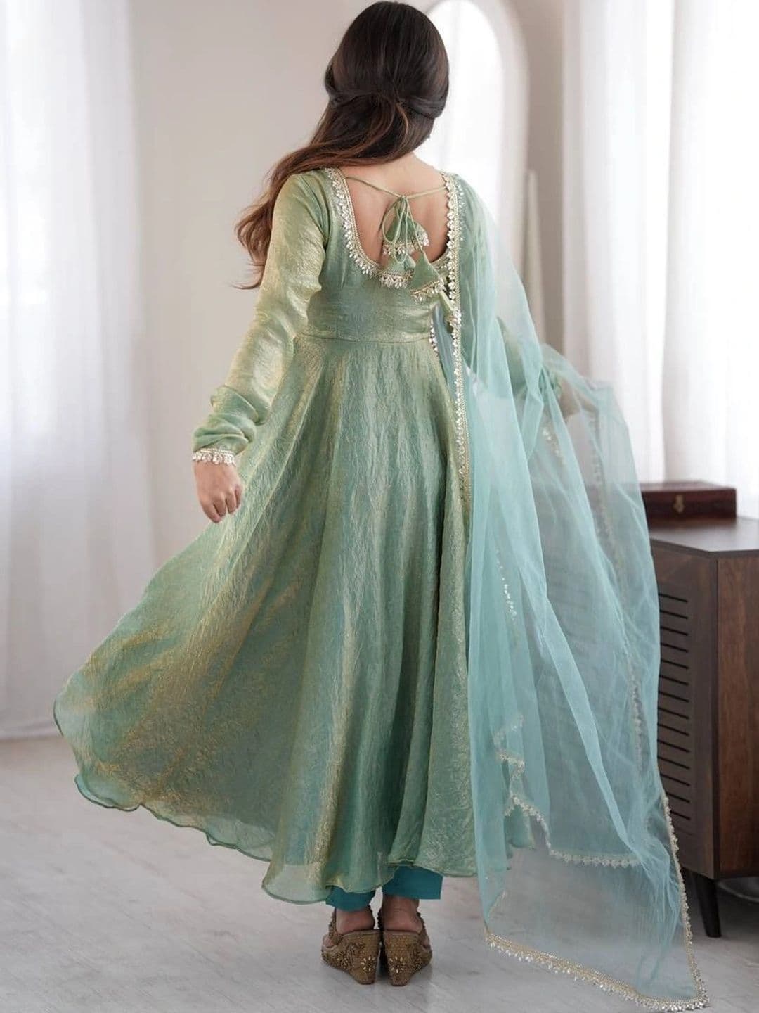SAJAVAT ETHENIC WEAR Women Empire Gotta Patti Pure Silk Kurta with Trousers & With Dupatta thumbnail 4