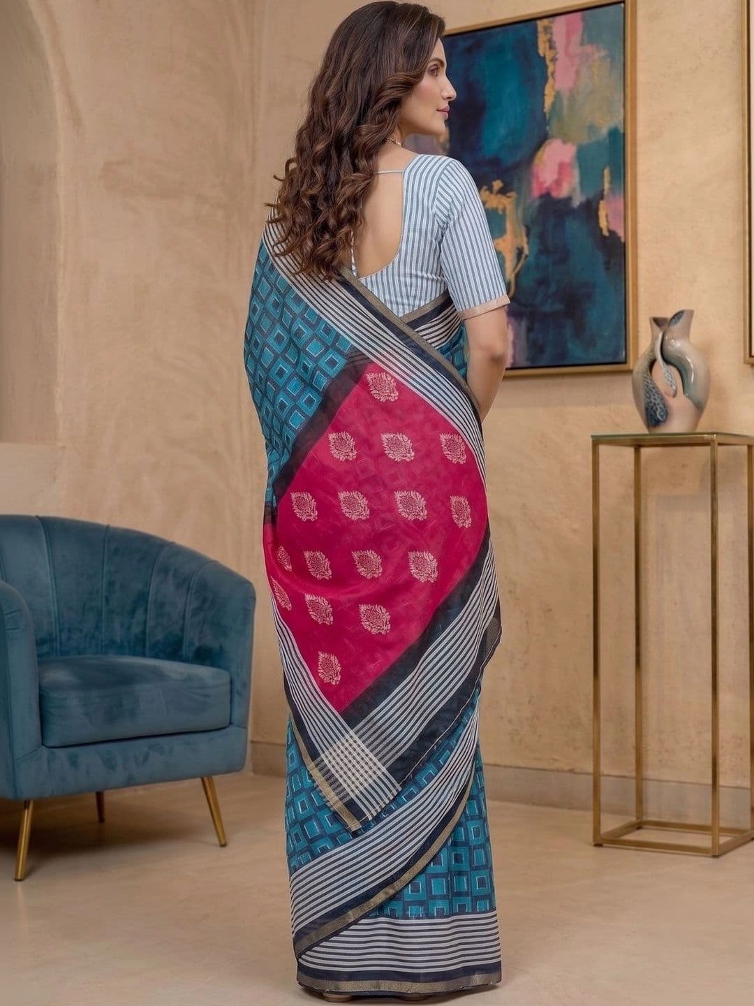 BORAD FASHION Striped Designer Chanderi Saree thumbnail 2
