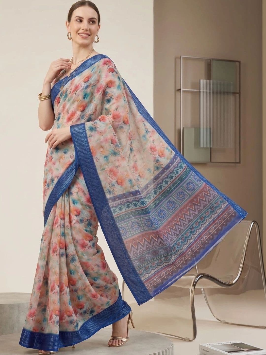 BORAD FASHION Women Floral Designer Chanderi Saree thumbnail 3