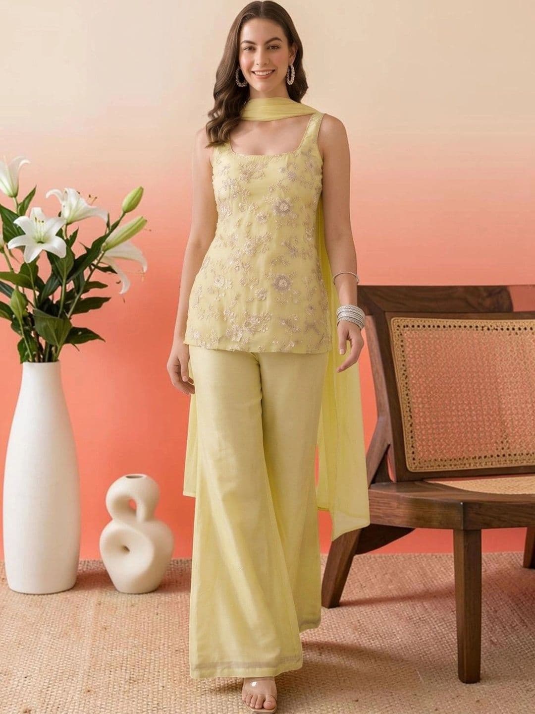 all about you Women Ethnic Motifs Embroidered Regular Thread Work Kurta with Palazzos & With Dupatta - view 1