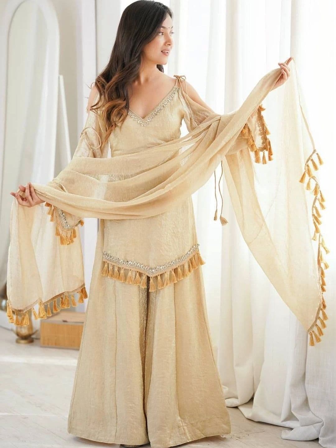 SAJAVAT ETHENIC WEAR Women Regular Gotta Patti Pure Silk Kurta with Sharara & With Dupatta thumbnail 7
