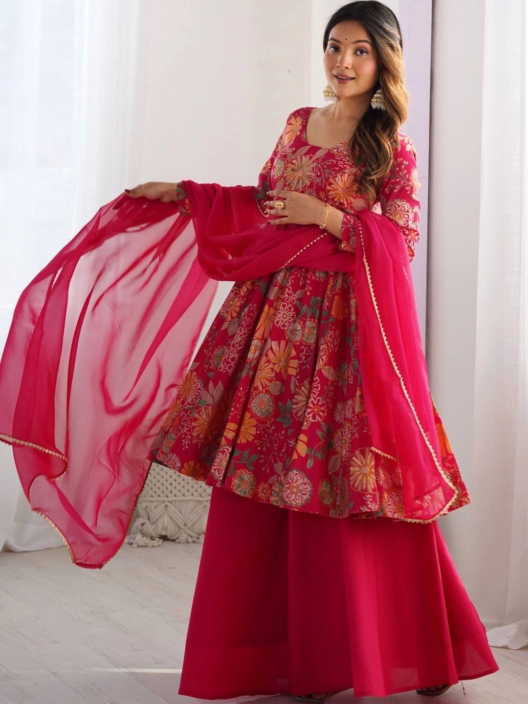 SAJAVAT ETHENIC WEAR Women Floral Printed Regular Chanderi Silk Kurta with Palazzos & With Dupatta thumbnail 2