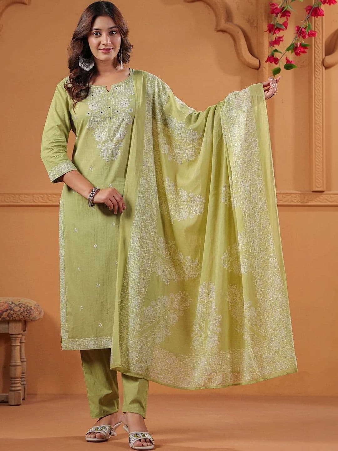 Misaina Women Ethnic Motifs Regular Mirror Work Pure Cotton Kurta with Trousers & Dupatta - view 1
