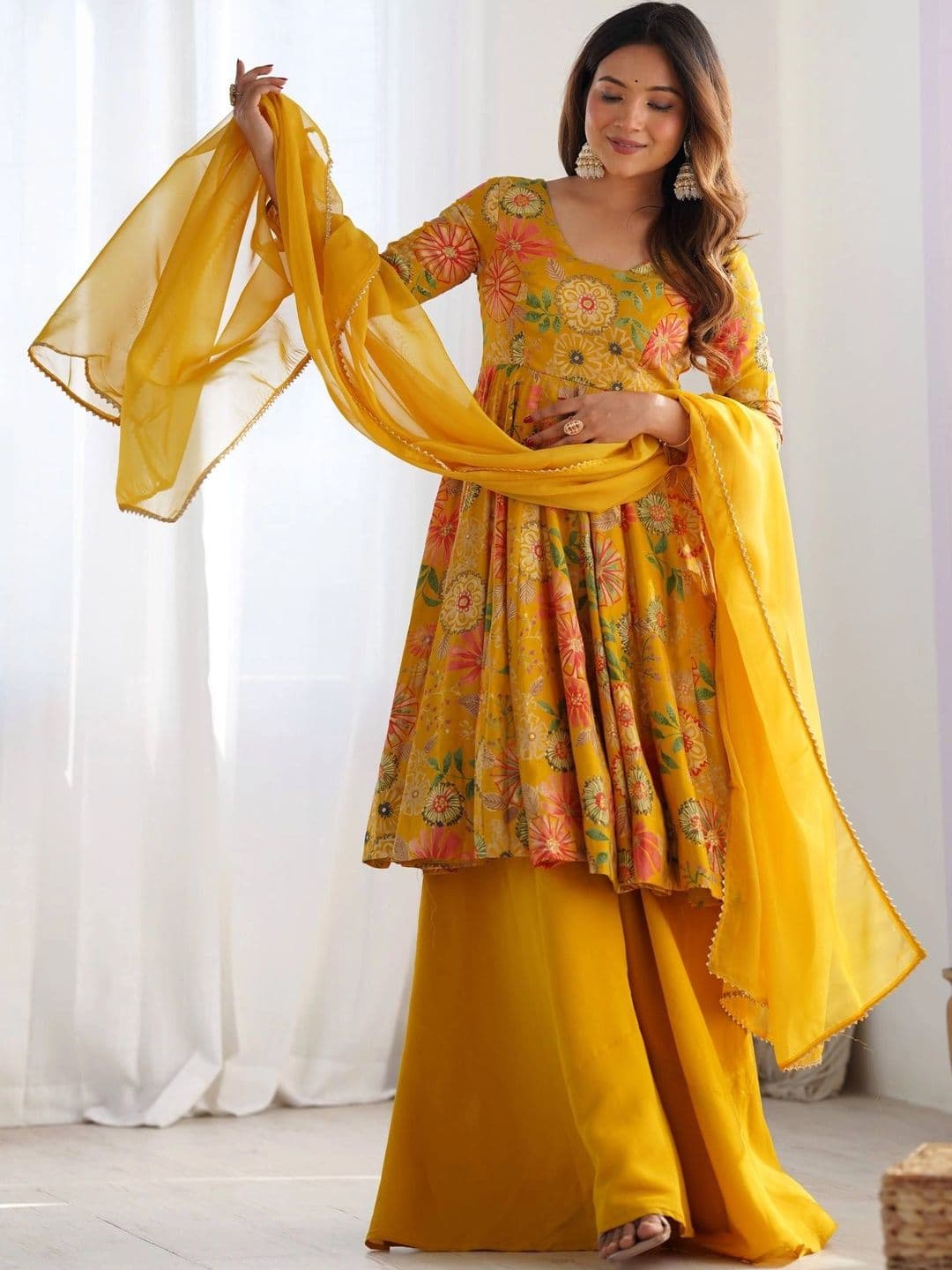 SAJAVAT ETHENIC WEAR Women Floral Printed Empire Chanderi Silk Kurta with Palazzos & With Dupatta thumbnail 3