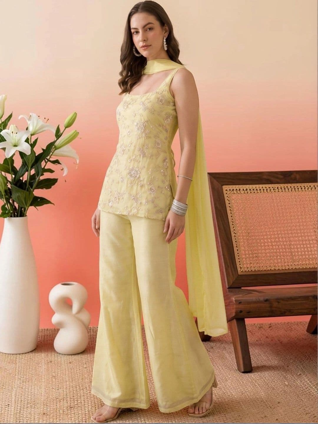 all about you Women Ethnic Motifs Embroidered Regular Thread Work Kurta with Palazzos & With Dupatta thumbnail 4