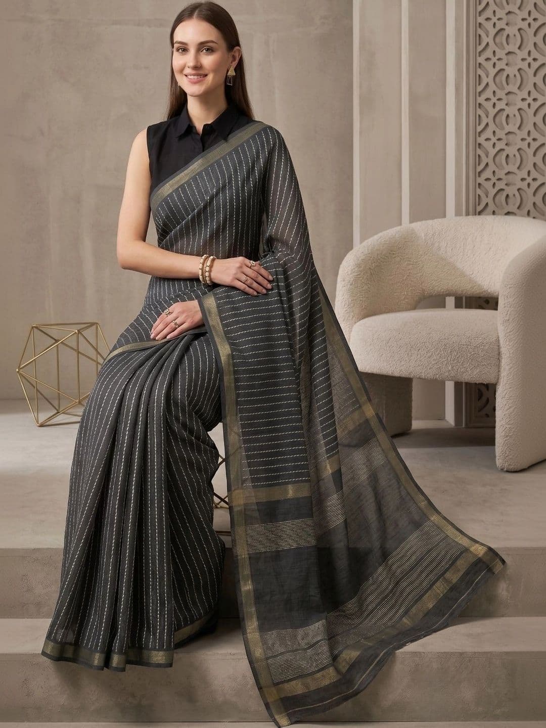 BORAD FASHION Striped Designer Chanderi Saree thumbnail 4