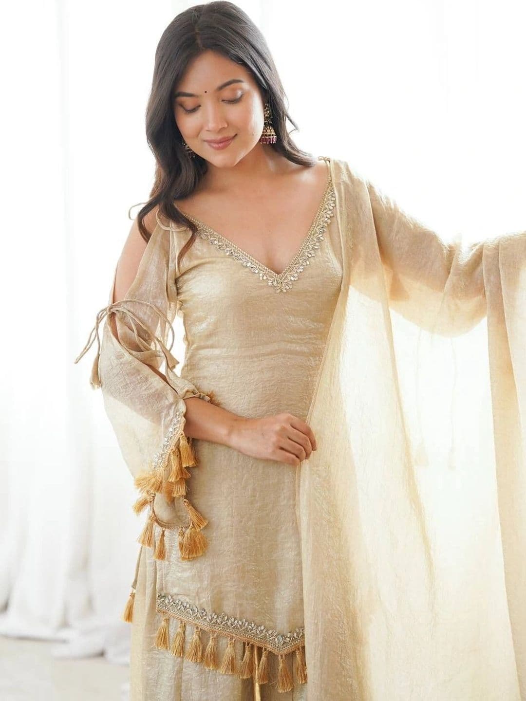SAJAVAT ETHENIC WEAR Women Regular Gotta Patti Pure Silk Kurta with Sharara & With Dupatta thumbnail 4