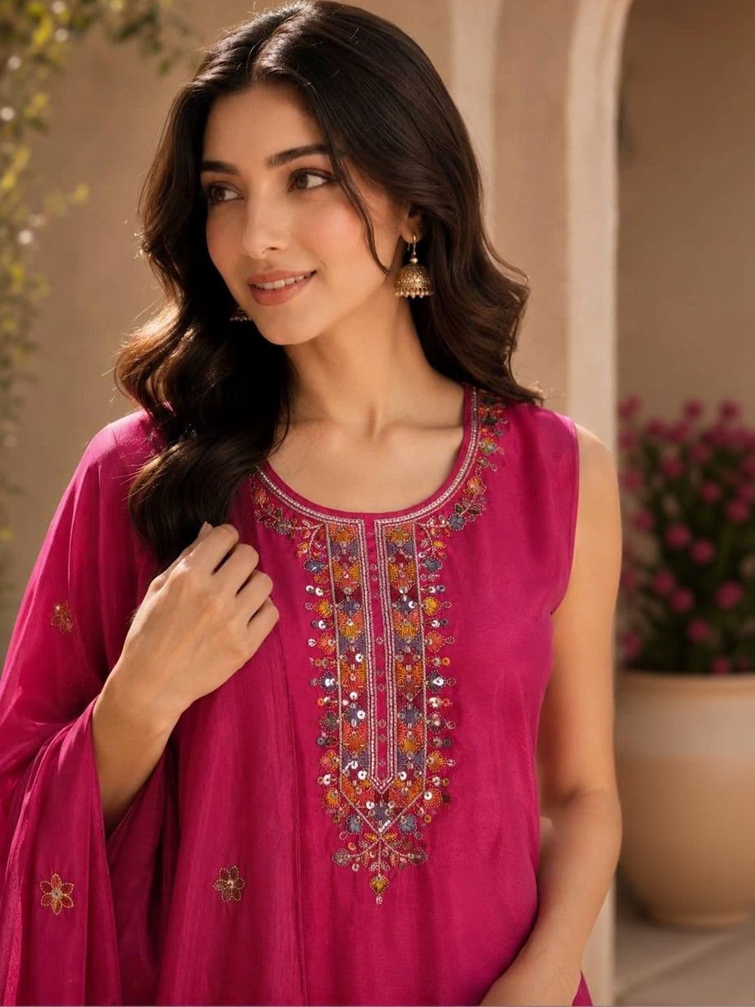 Twin girls clothing Women Ethnic Motifs Embroidered Regular Sequinned Kurta with Palazzos & With Dupatta thumbnail 2