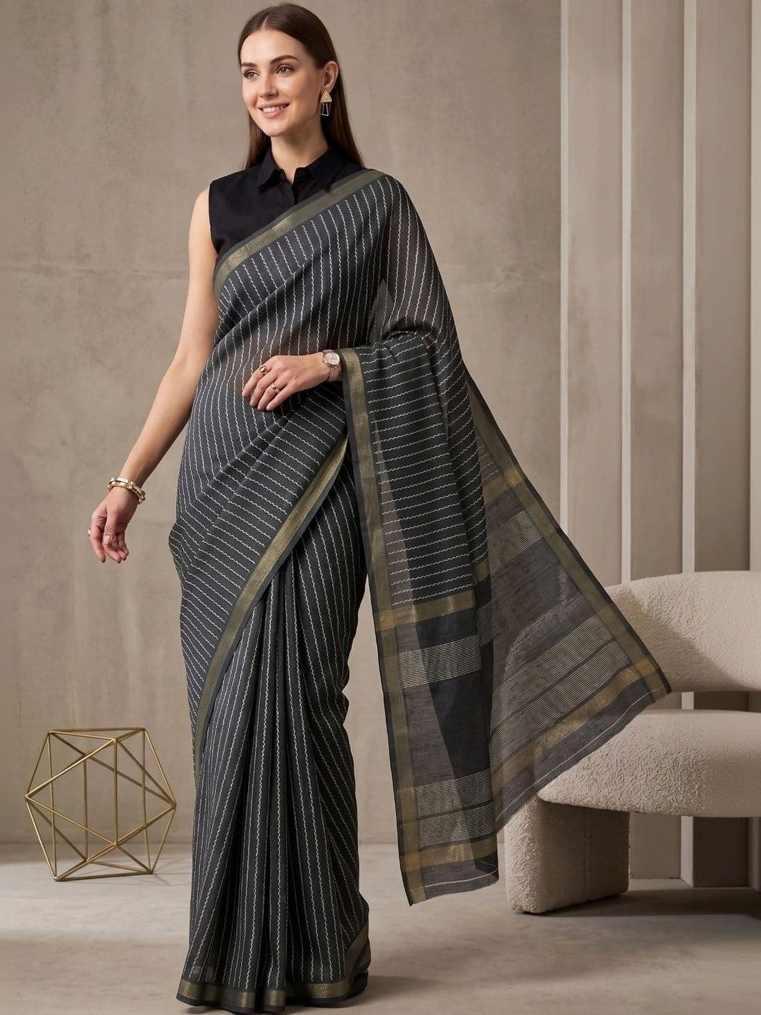 BORAD FASHION Striped Designer Chanderi Saree thumbnail 2