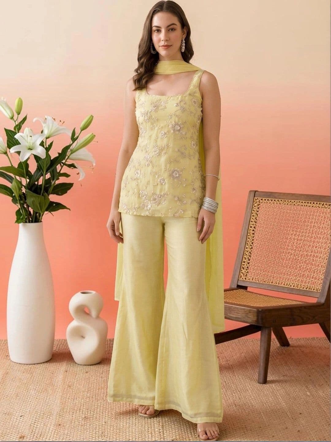 all about you Women Ethnic Motifs Embroidered Regular Thread Work Kurta with Palazzos & With Dupatta thumbnail 5