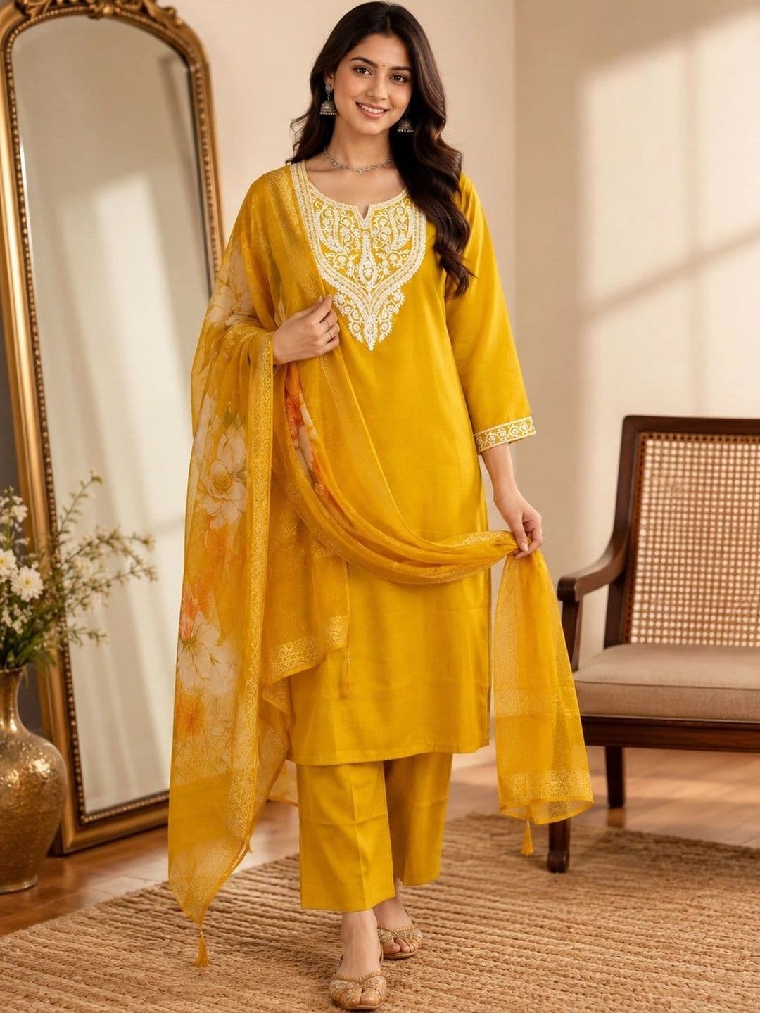 VASTRAHOUSE Women Ethnic Motifs Embroidered Regular Thread Work Chanderi Cotton Kurta with Trousers & With - view 1