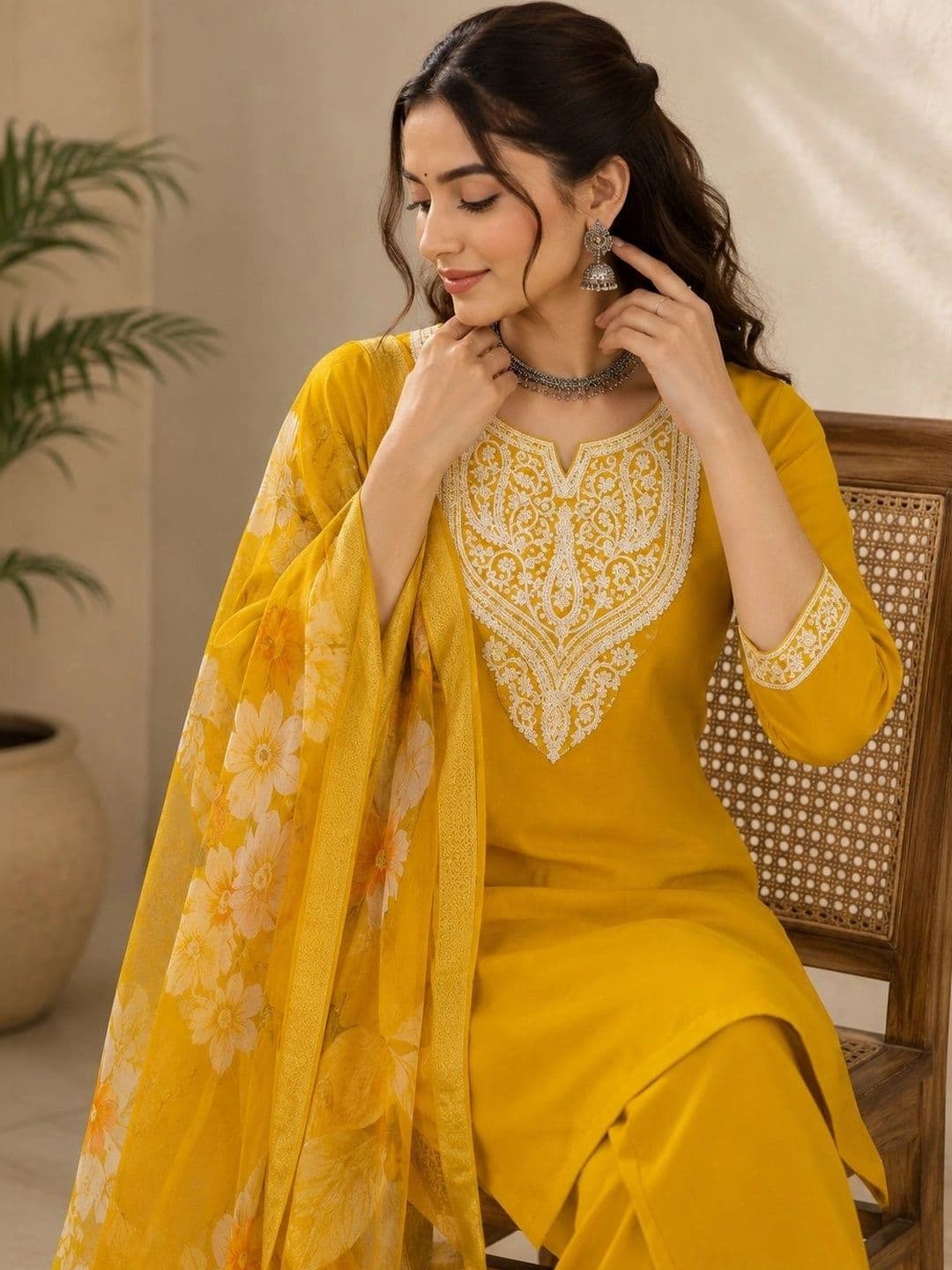 VASTRAHOUSE Women Ethnic Motifs Embroidered Regular Thread Work Chanderi Cotton Kurta with Trousers & With thumbnail 4