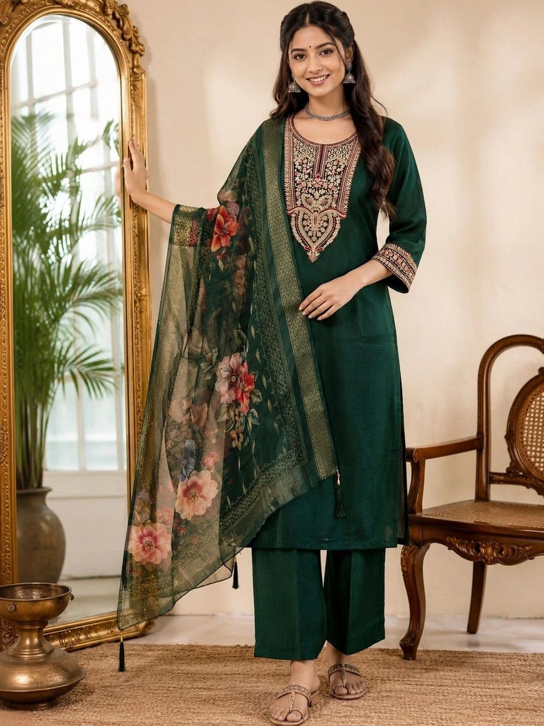 VASTRAHOUSE Women  Regular Thread Work Chanderi Cotton  Kurta & Trousers With Dupatta thumbnail 3