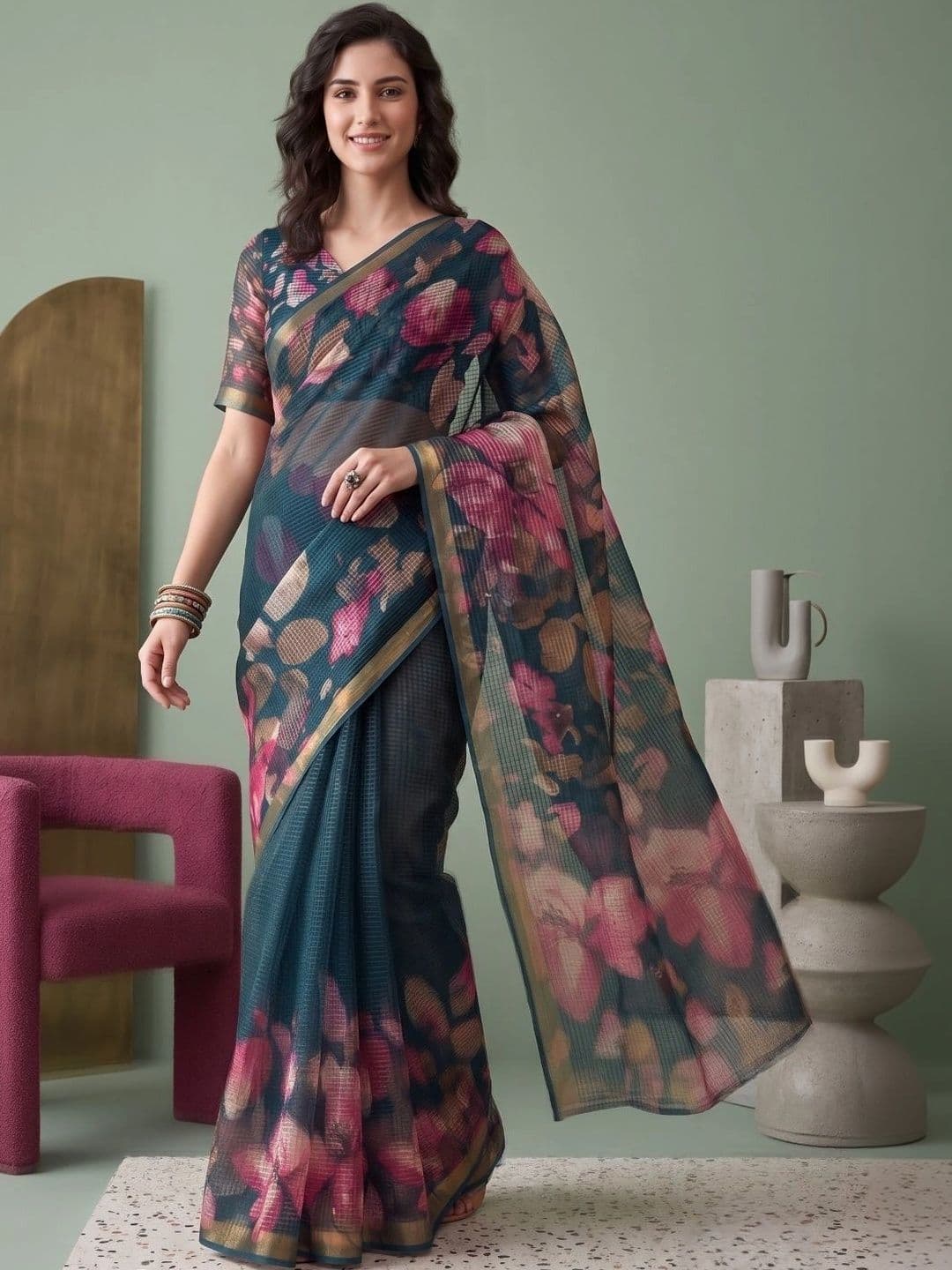 BORAD FASHION Floral Designer Chanderi Saree - view 1