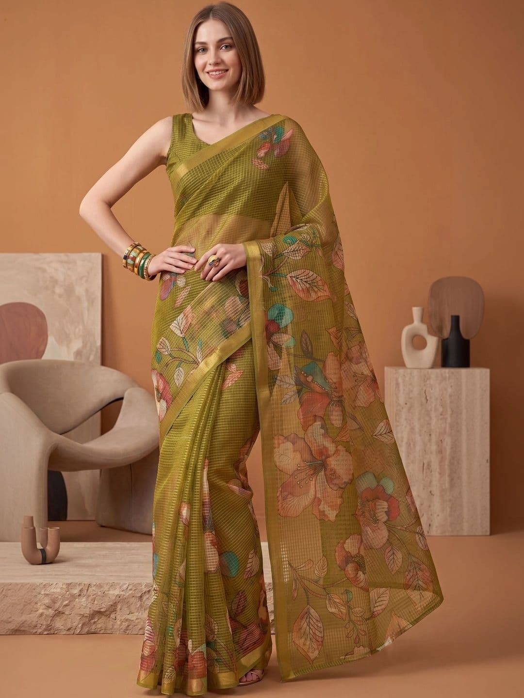 BORAD FASHION Floral Designer Chanderi Saree - view 1
