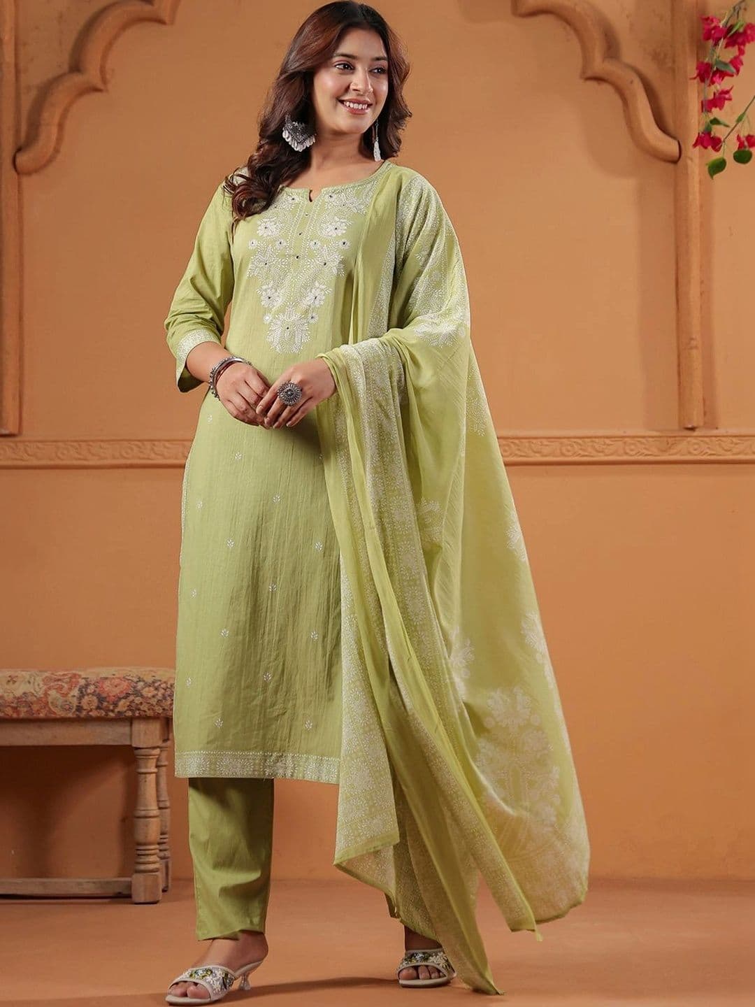 Misaina Women Ethnic Motifs Regular Mirror Work Pure Cotton Kurta with Trousers & Dupatta thumbnail 5