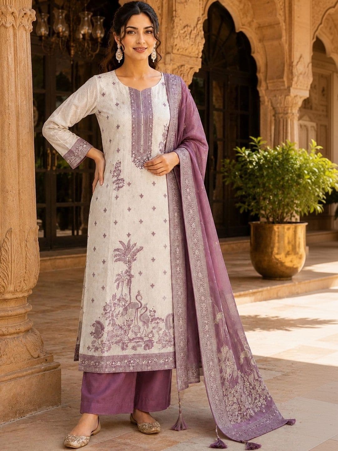 JEEREVA Women Ethnic Motifs Embroidered Regular Thread Work Pure Silk Kurta with Trousers & With Dupatta thumbnail 6