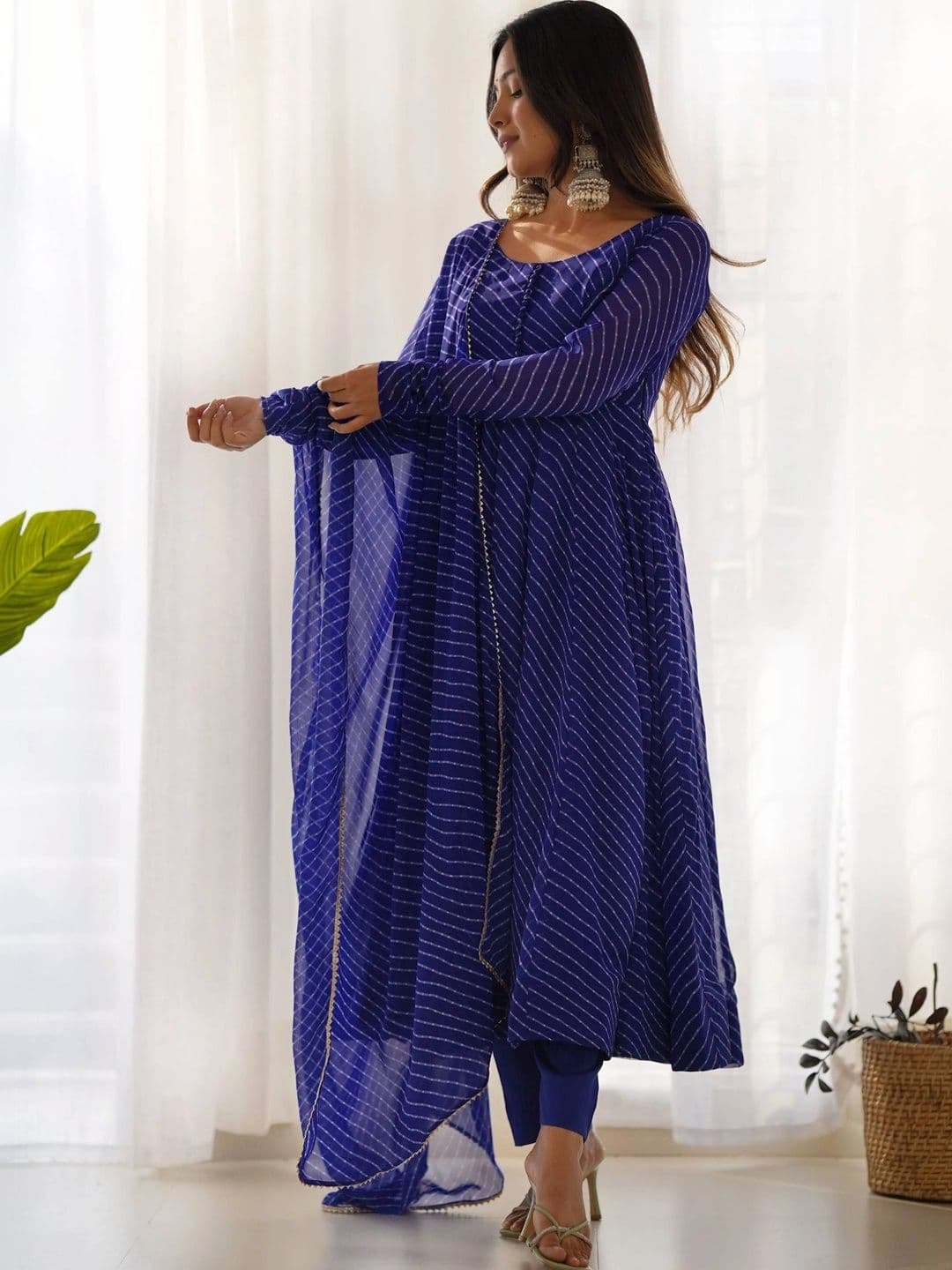 SAJAVAT ETHENIC WEAR Women Leheriya Printed Empire Kurta with Trousers & With Dupatta - view 1