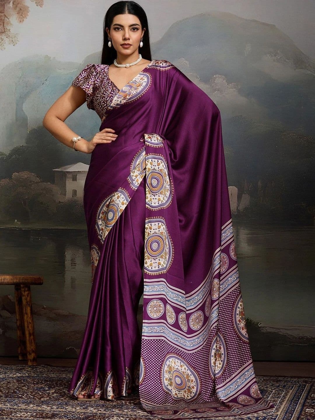 KALINI Floral Mirror Work Silk Blend Heavy Work Mysore Silk Saree - view 1