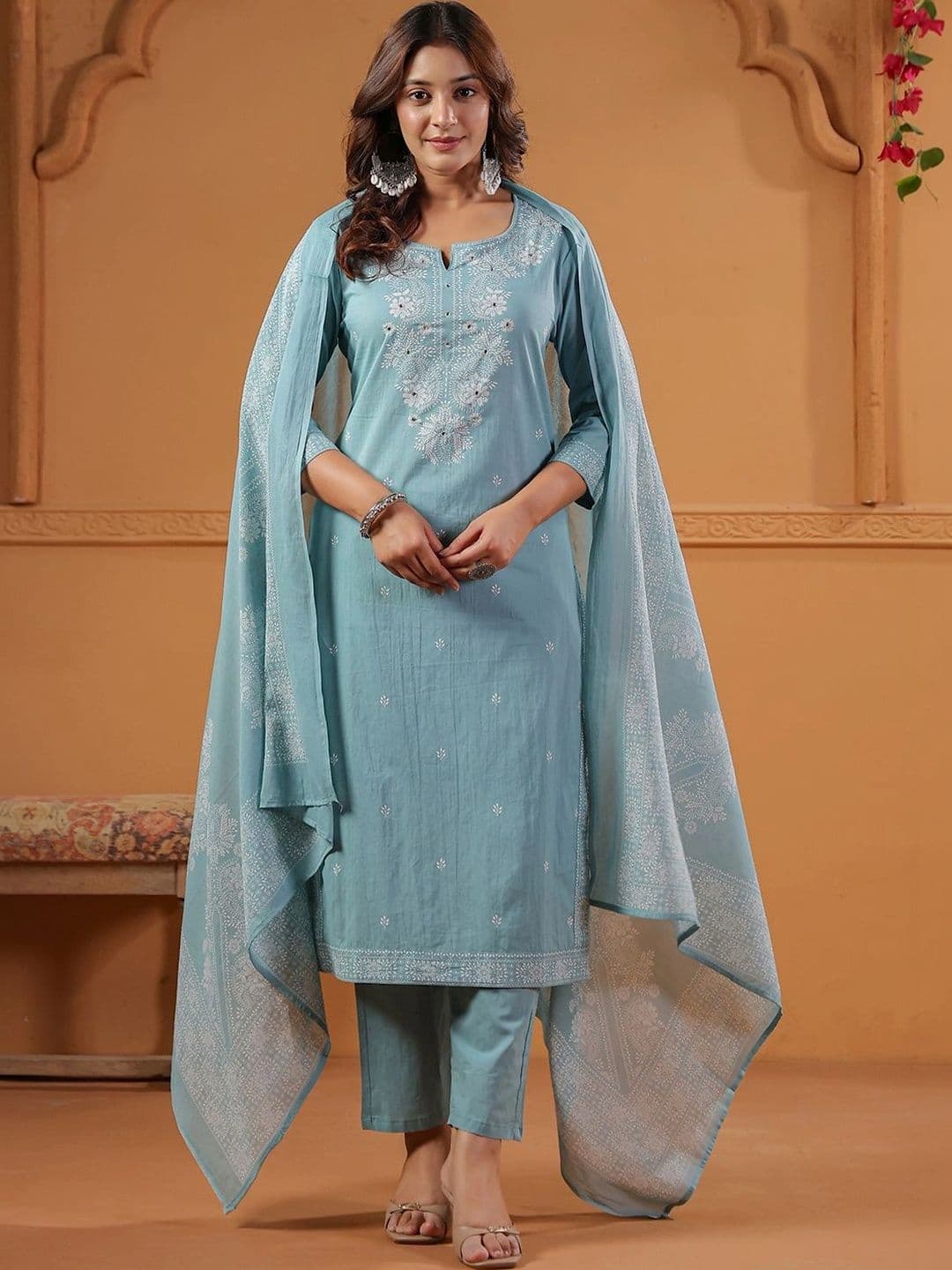 Misaina Women Ethnic Motifs Embroidered Regular PureKurta with Trousers & With Dupatta thumbnail 6