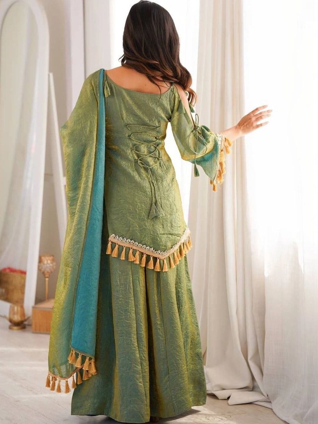 SAJAVAT ETHENIC WEAR Women Regular Gotta Patti Pure Silk Kurta with Sharara & With Dupatta thumbnail 6