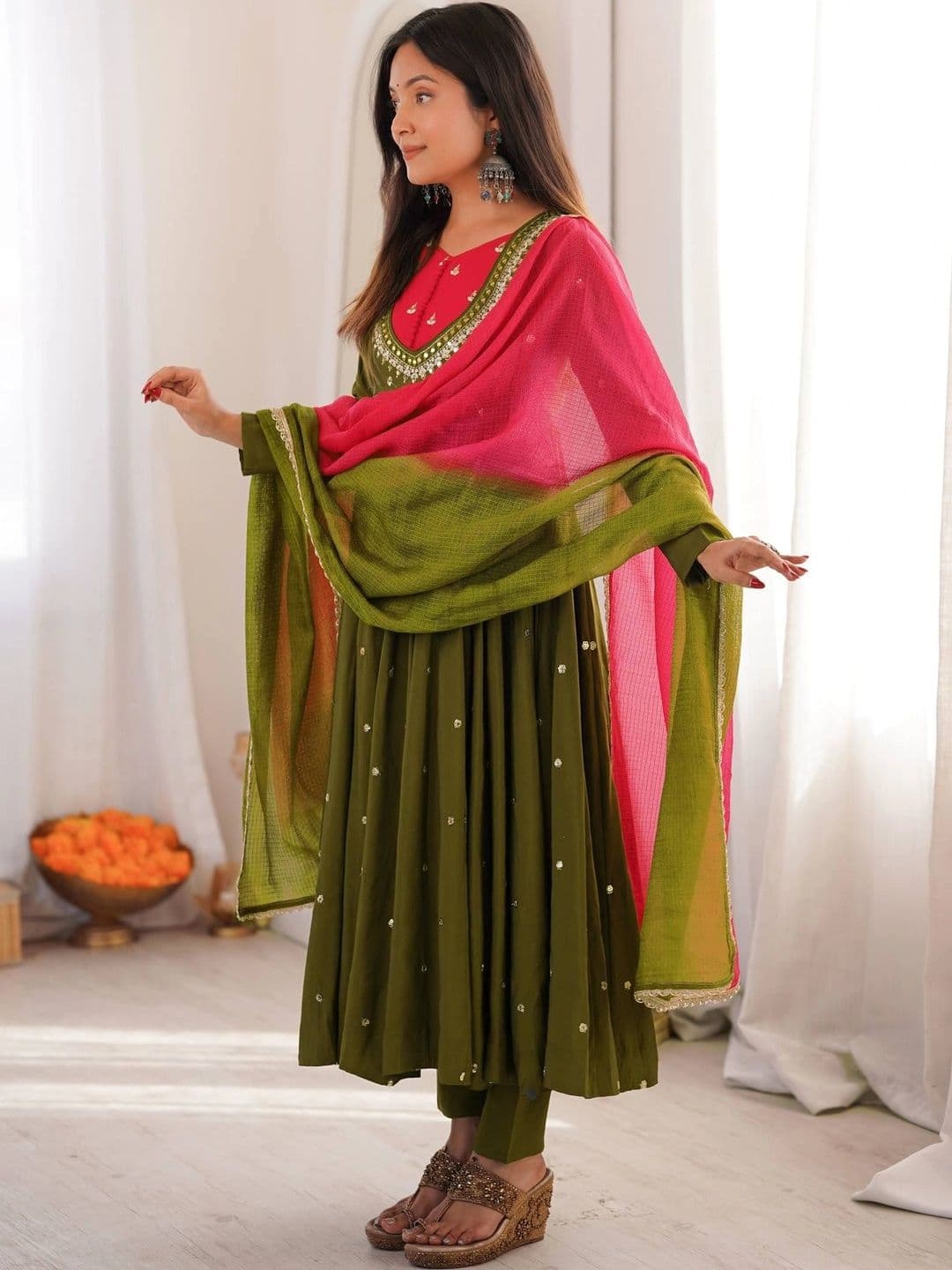 SAJAVAT ETHENIC WEAR Women Ethnic Motifs Regular Sequinned Kurta with Trousers & With Dupatta thumbnail 4