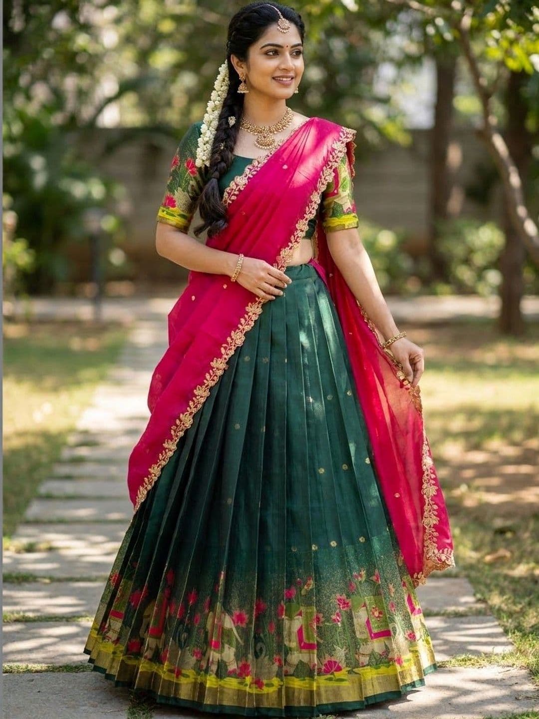 Fabcartz Embroidered Semi-Stitched Lehenga & Unstitched Blouse With Dupatta thumbnail 3